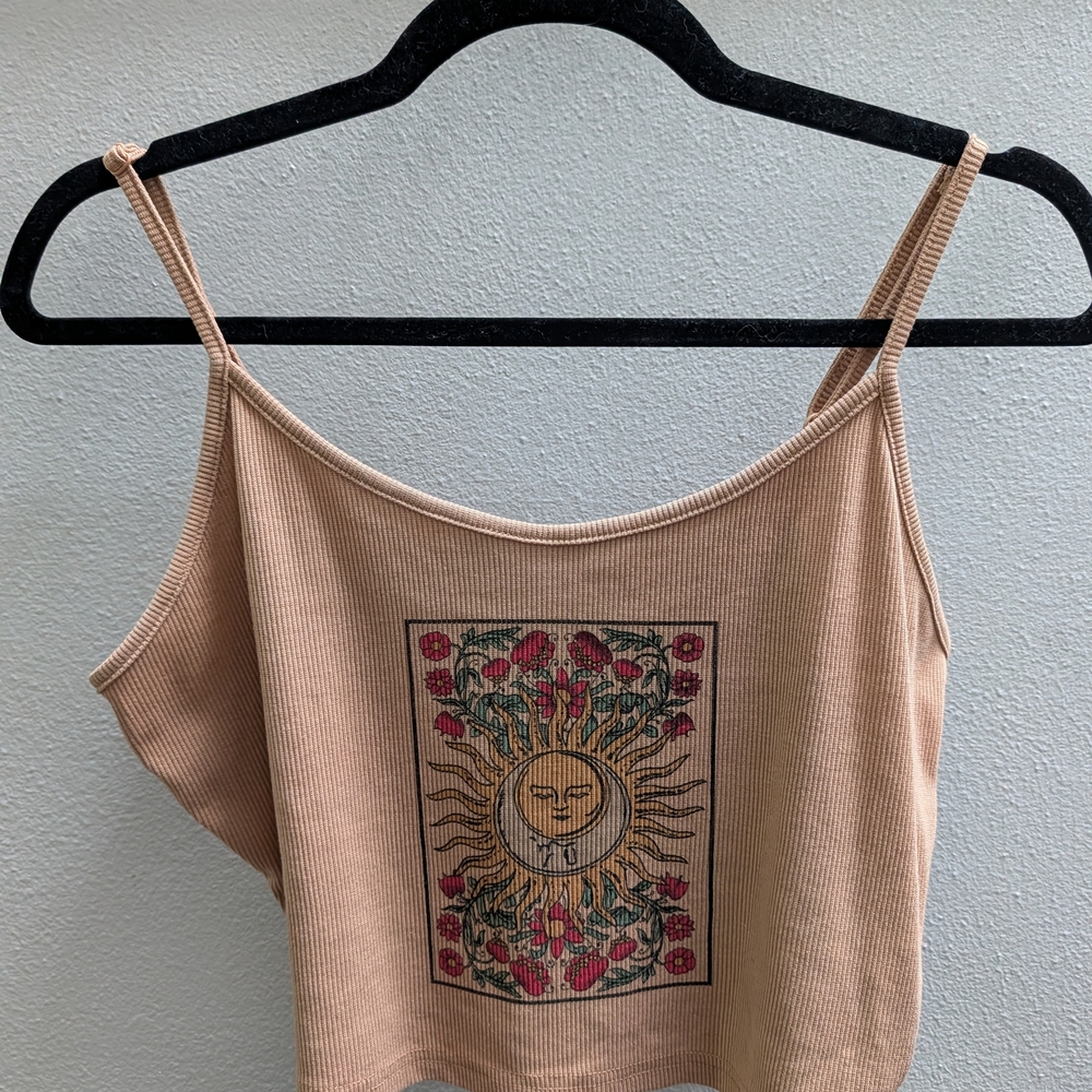 Sun and Floral Graphic Tan Crop Top